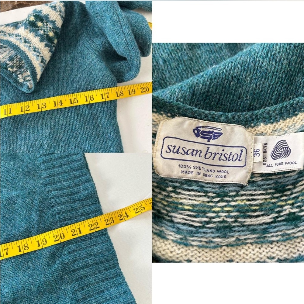 Vintage 1980s Susan Bristol Pure Shetland Wool Fair Isle sweater in teal. - Picture 6 of 8